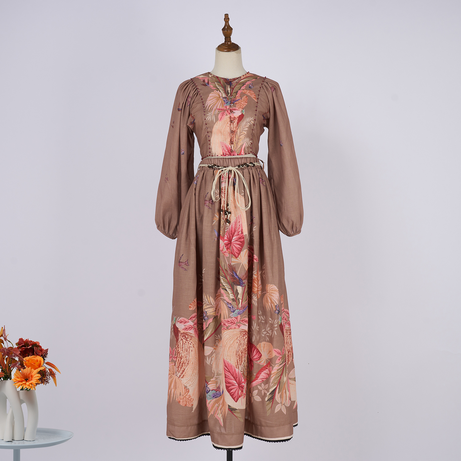 Real time shooting of light luxury and high-end summer vacation floral print lantern sleeves short top and skirt set