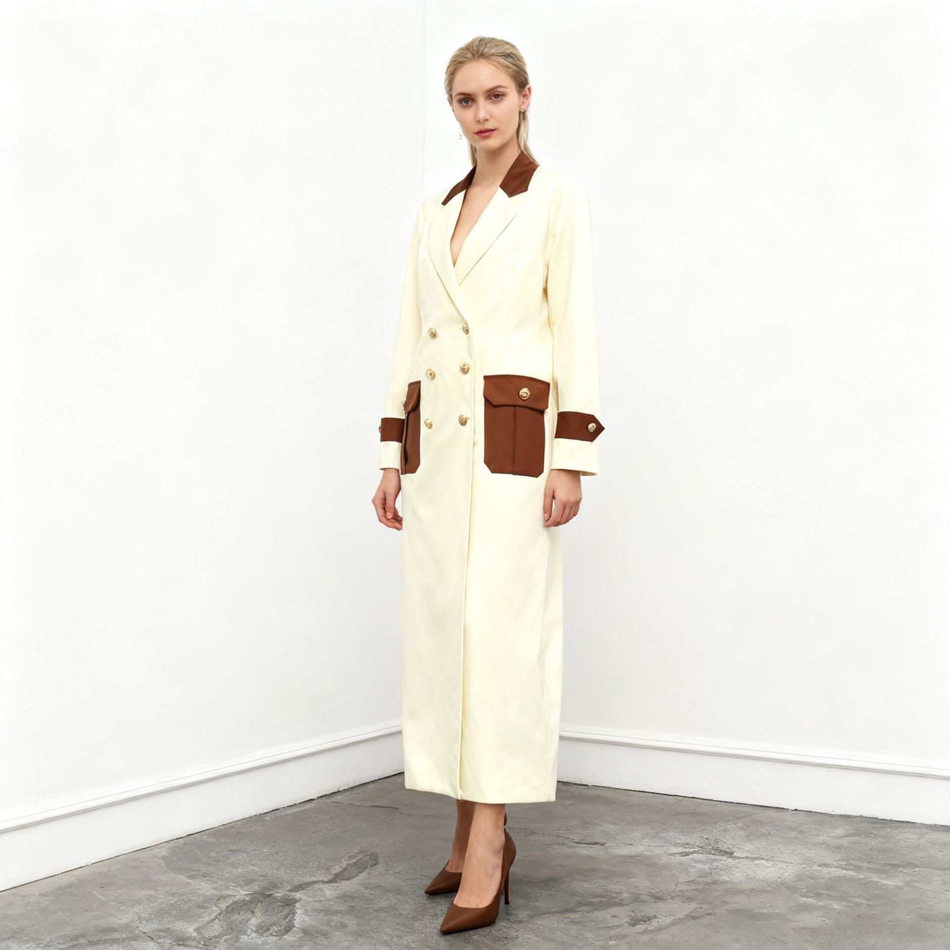 European and American fashion brand high-end coat women's 2025 autumn and winter new item, lapel contrasting long sleeved three-dimensional cutting trench coat jacket European and American fashion brand high-end coat women's 2025 autumn and winter new item, lapel contrasting long sleeved three-dimensional cutting trench coat jacket