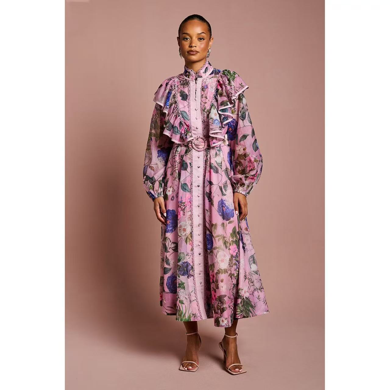 New floral ruffle edge long skirt 2025 autumn retro countryside style waist cinched buckle dress irregular skirt New floral ruffle edge long skirt 2025 autumn retro countryside style waist cinched buckle dress irregular skirt