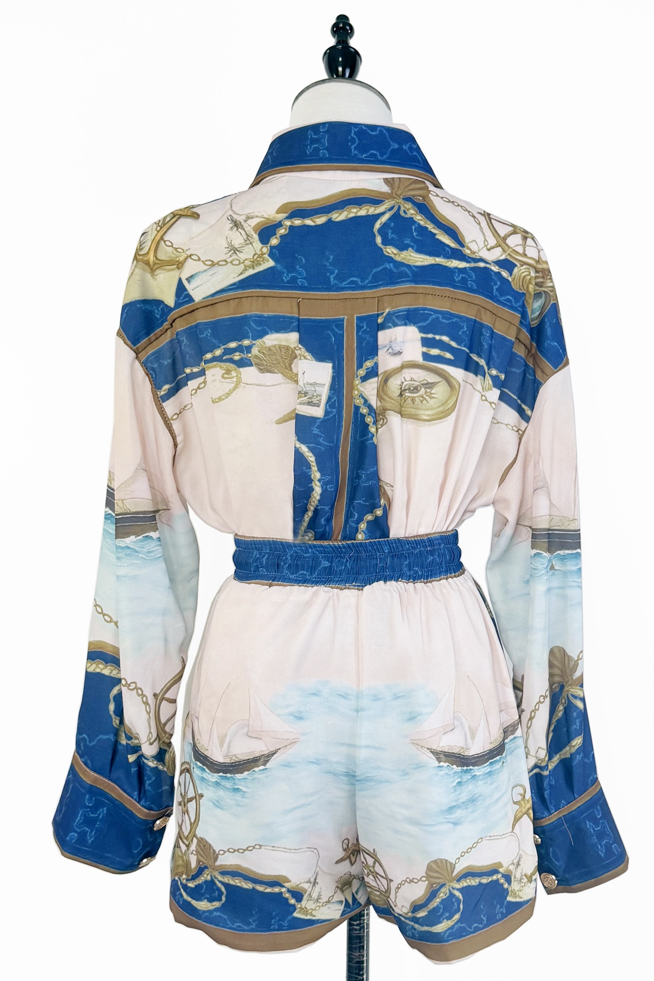 Real shot Australian niche blue nautical print long sleeved shirt shorts fashionable casual set two-piece set Real shot Australian niche blue nautical print long sleeved shirt shorts fashionable casual set two-piece set