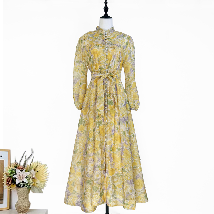 Realistic design with exquisite French style waist cinching and large swing dress, high-end luxury diamond cut small stand collar printed long skirt for women Realistic design with exquisite French style waist cinching and large swing dress, high-end luxury diamond cut small stand collar printed long skirt for women