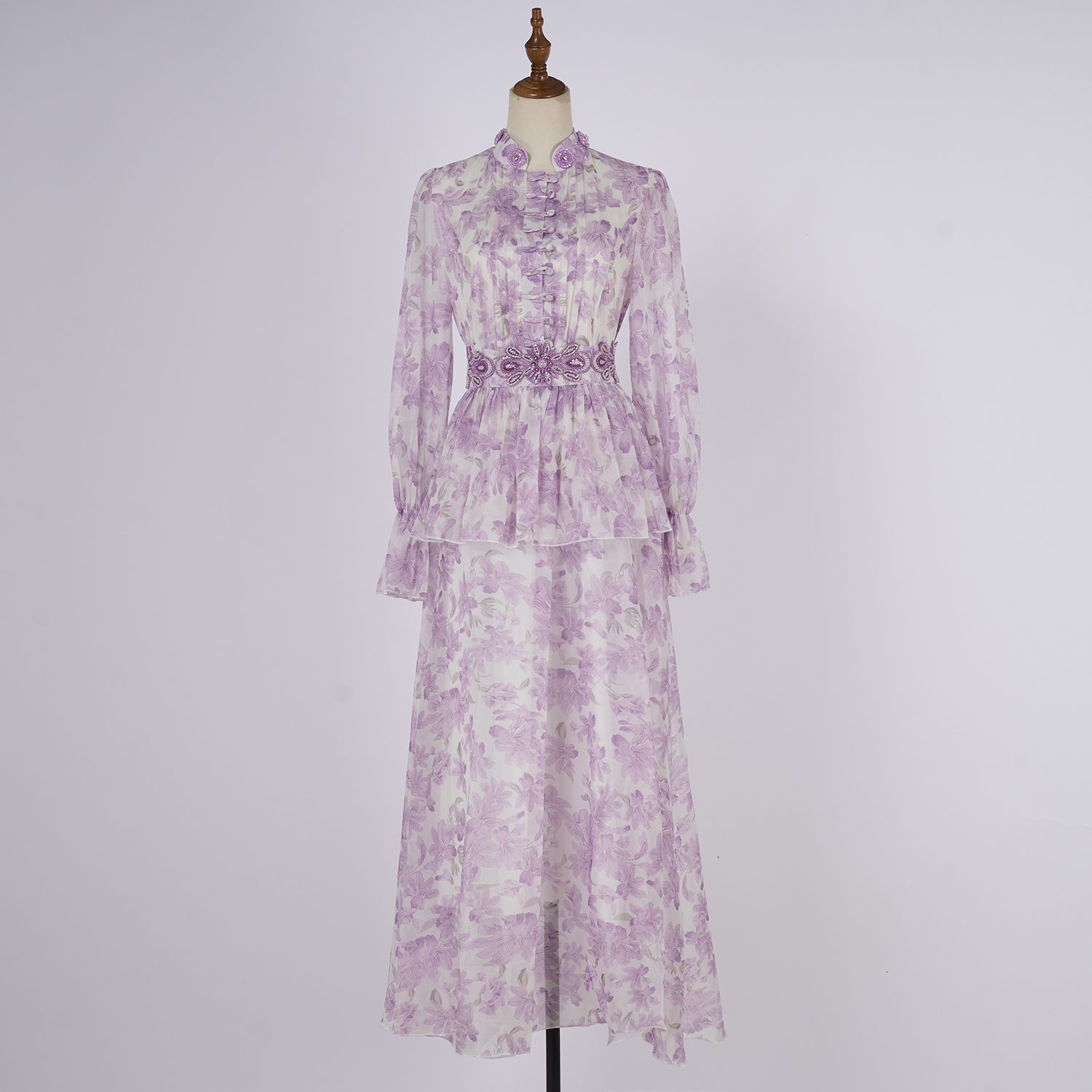 Real time shooting of fresh and sweet long skirt, summer new style round neck button embroidery printed waist cinching dress, 8 colors Real time shooting of fresh and sweet long skirt, summer new style round neck button embroidery printed waist cinching dress, 8 colors