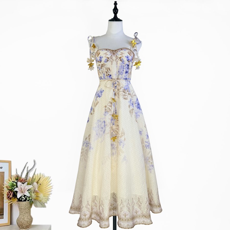 Real shot of Z's light luxury high-end star style floral print flower suspender fishbone waist cinching fairy dress