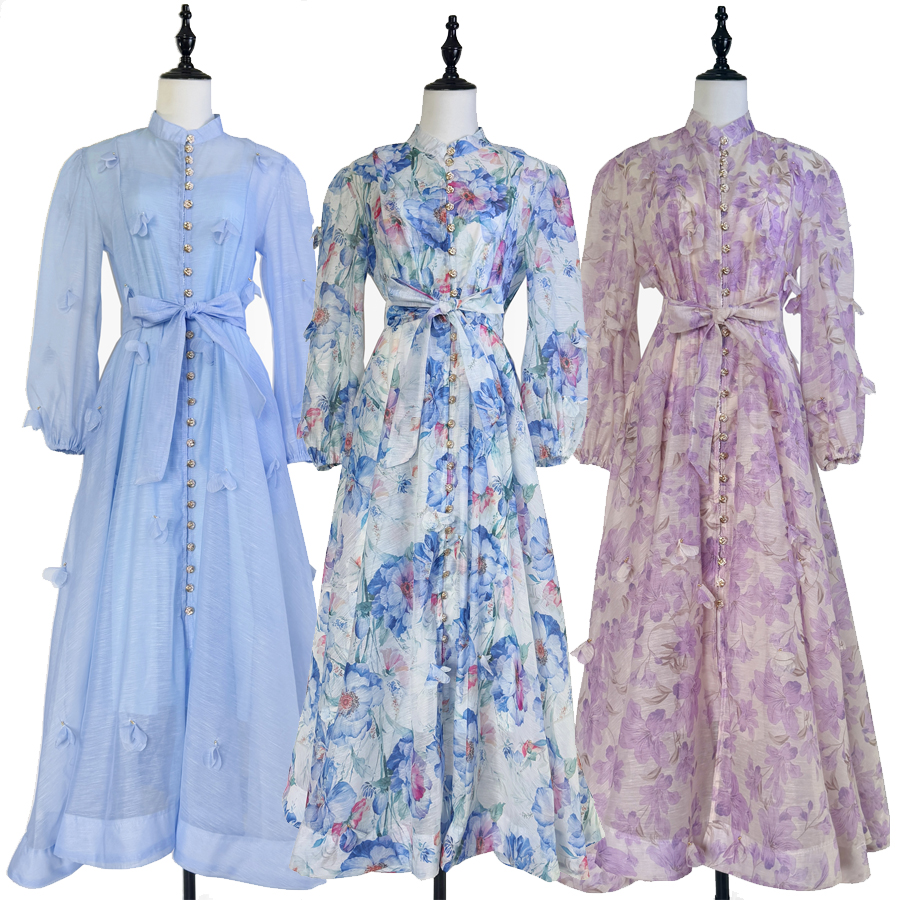 Real shot of European and American Spring and Autumn elegant retro printed nail bead three-dimensional flower waist cinching big swing dress long skirt for women