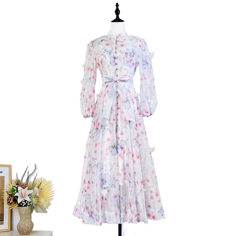 Real shot French elegant standing collar flower buckle heavy flower decoration waist cinching tie up big swing dress long skirt for women Real shot French elegant standing collar flower buckle heavy flower decoration waist cinching tie up big swing dress long skirt for women