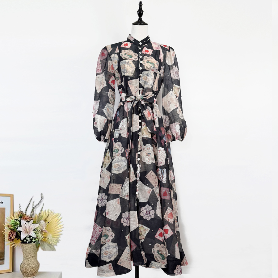 Realistic design with exquisite French style waist cinching and large swing dress, high-end luxury diamond cut small stand collar printed long skirt for women Realistic design with exquisite French style waist cinching and large swing dress, high-end luxury diamond cut small stand collar printed long skirt for women