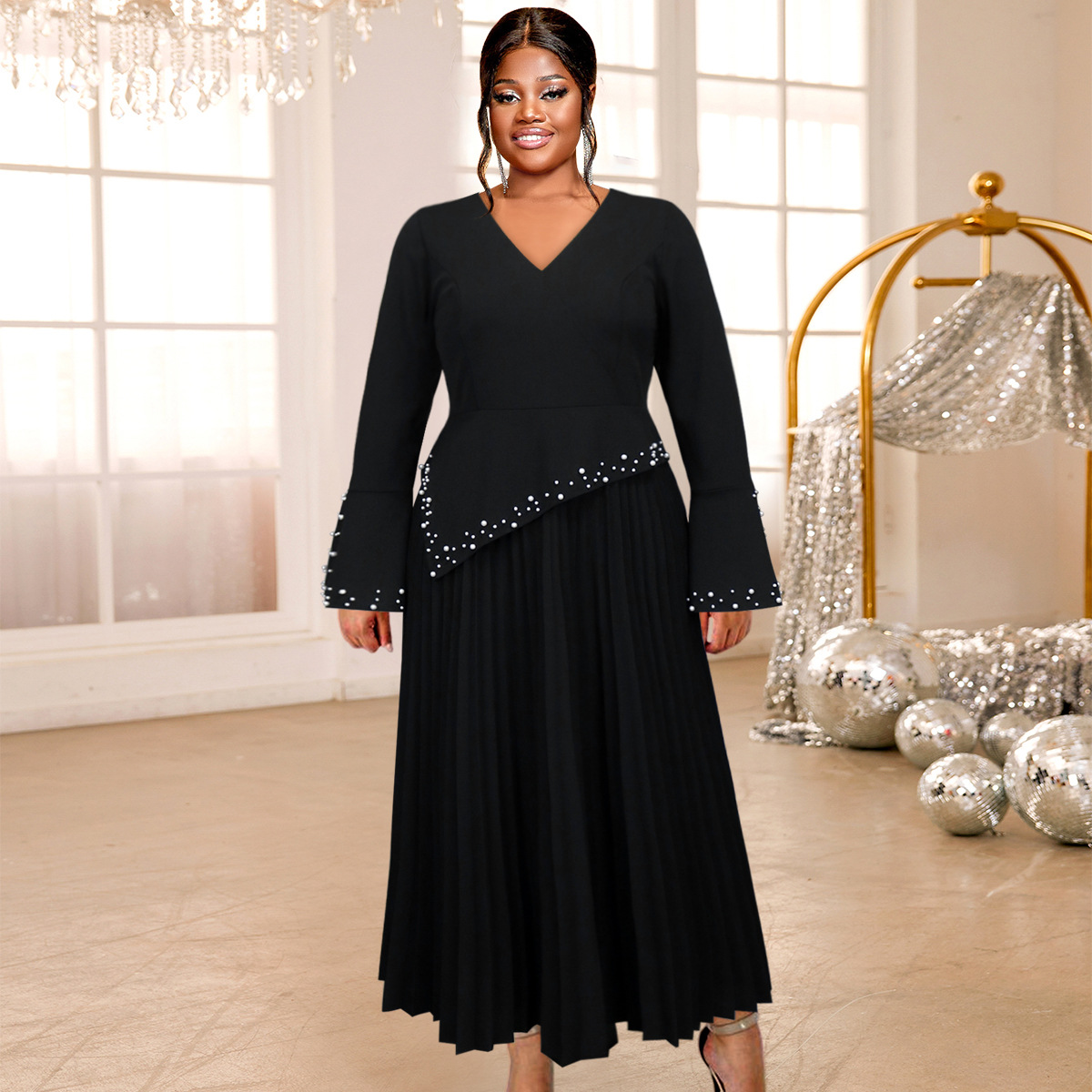 AM040608 new temperament V-neck flared sleeve dress party style banquet nail bead light dress dress