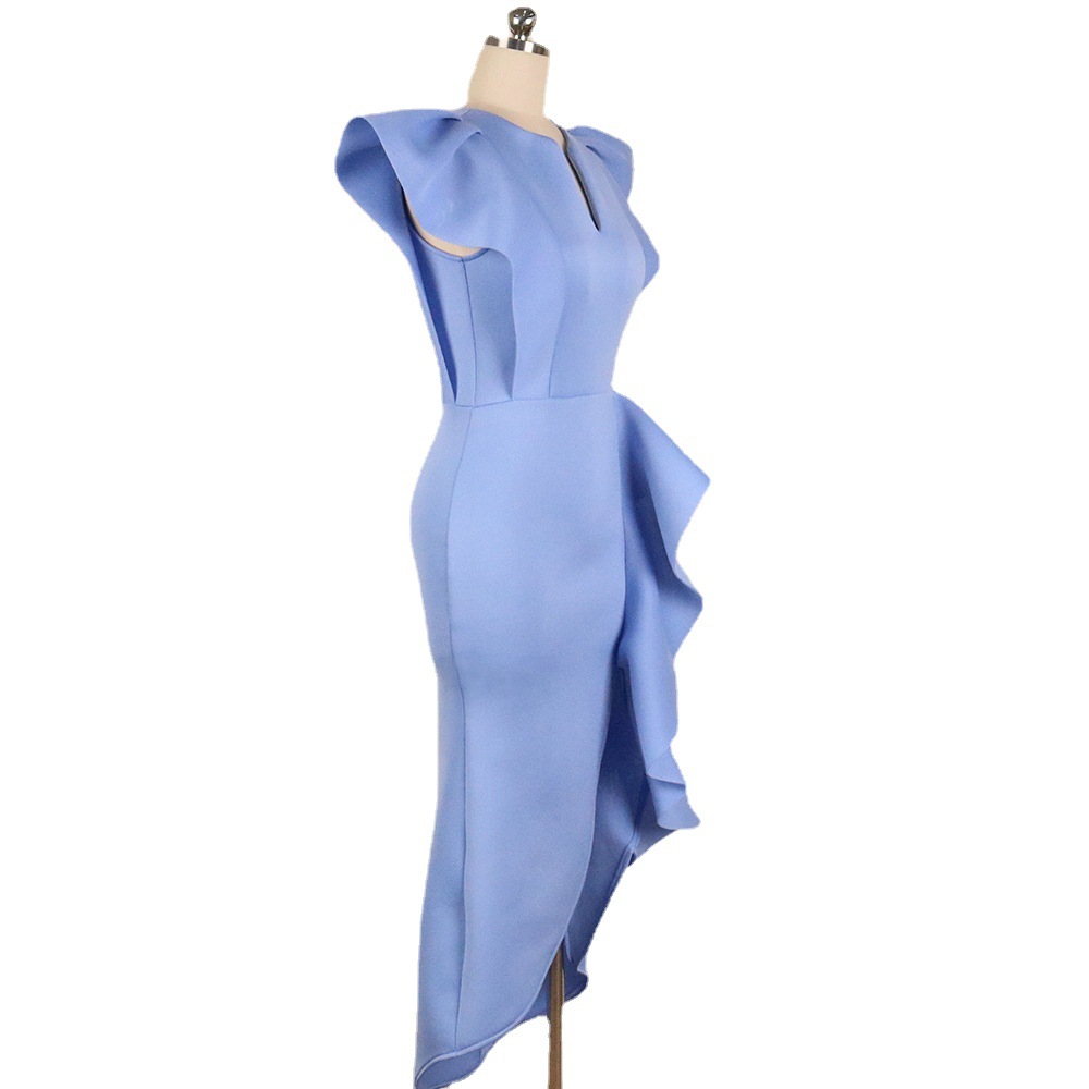 Large size ruffled short sleeved high waisted slimming irregular hem dress with elegant commuting style Large size ruffled short sleeved high waisted slimming irregular hem dress with elegant commuting style