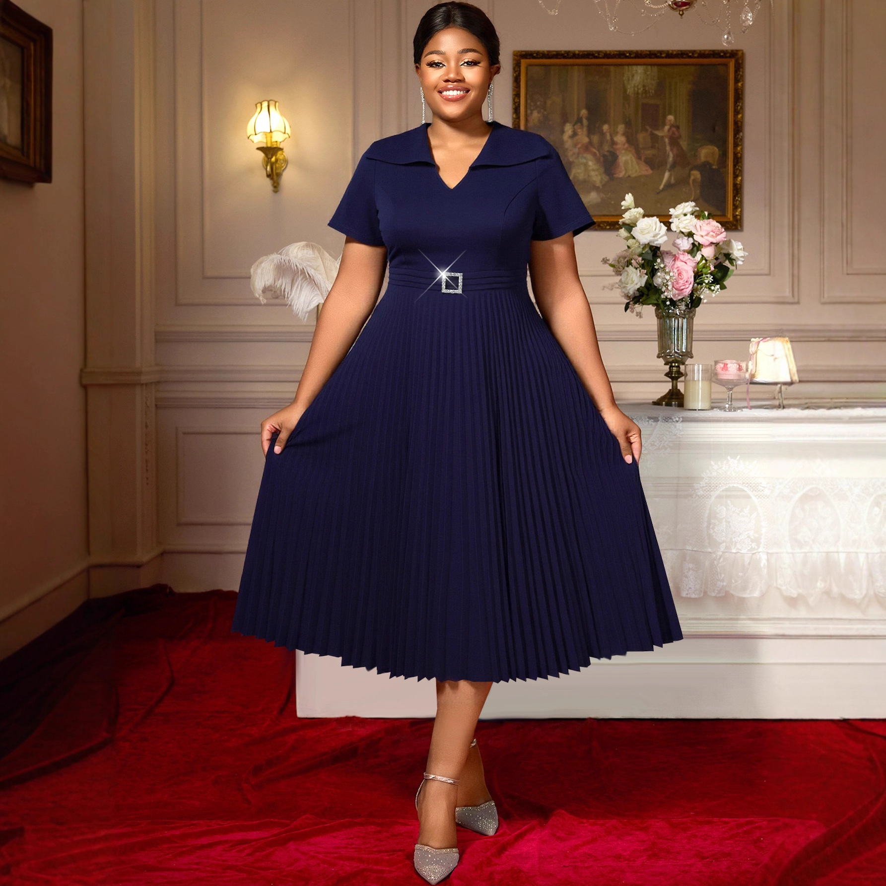 Large size simple and fashionable V-neck exquisite square buckle commuting dress elegant pleated A-line dress navy blue dresses