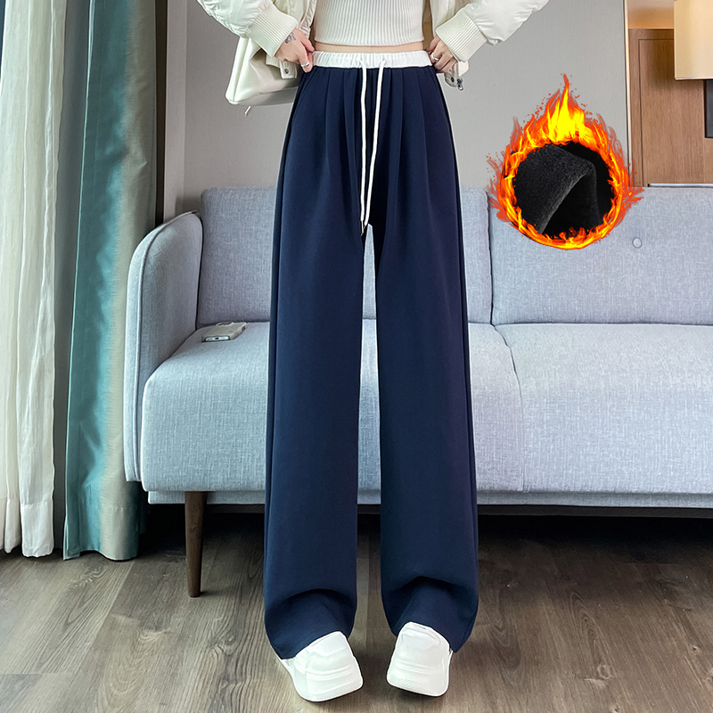 2025 Velvet Thickened Warm Sports Pants for Women's Autumn and Winter Fashion, Simple and Versatile, Elastic Waist, Wide Leg Pants