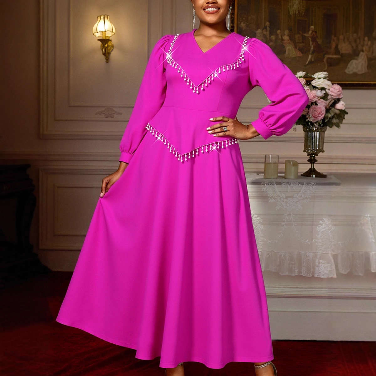 Large size women's rose red hanging bead tassel long sleeved elegant temperament dress V-neck fashionable party A dress Large size women's rose red hanging bead tassel long sleeved elegant temperament dress V-neck fashionable party A dress
