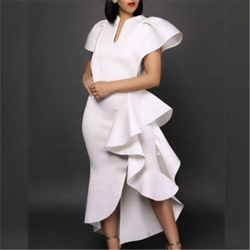 Large size ruffled short sleeved high waisted slimming irregular hem dress with elegant commuting style