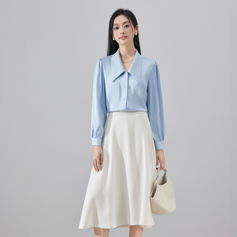 Temperament Collar Blue Shirt Women's 2025 Autumn New Fashion Simple OL Casual Versatile Commuter Long Sleeve Shirt