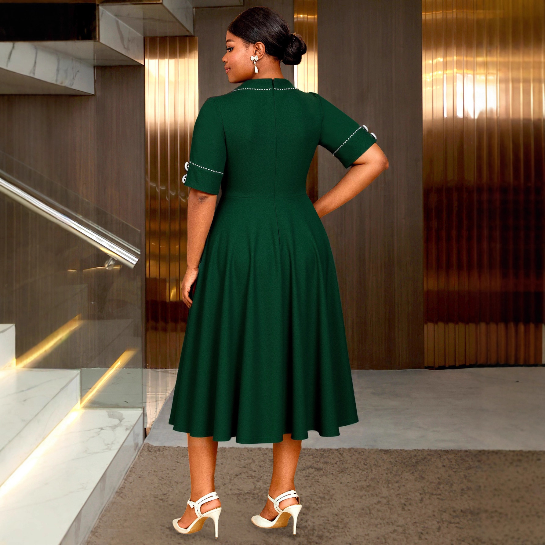 Oversized women's retro lapel short sleeved dress with button cinched waist, elegant big swing dress, Dress party Oversized women's retro lapel short sleeved dress with button cinched waist, elegant big swing dress, Dress party