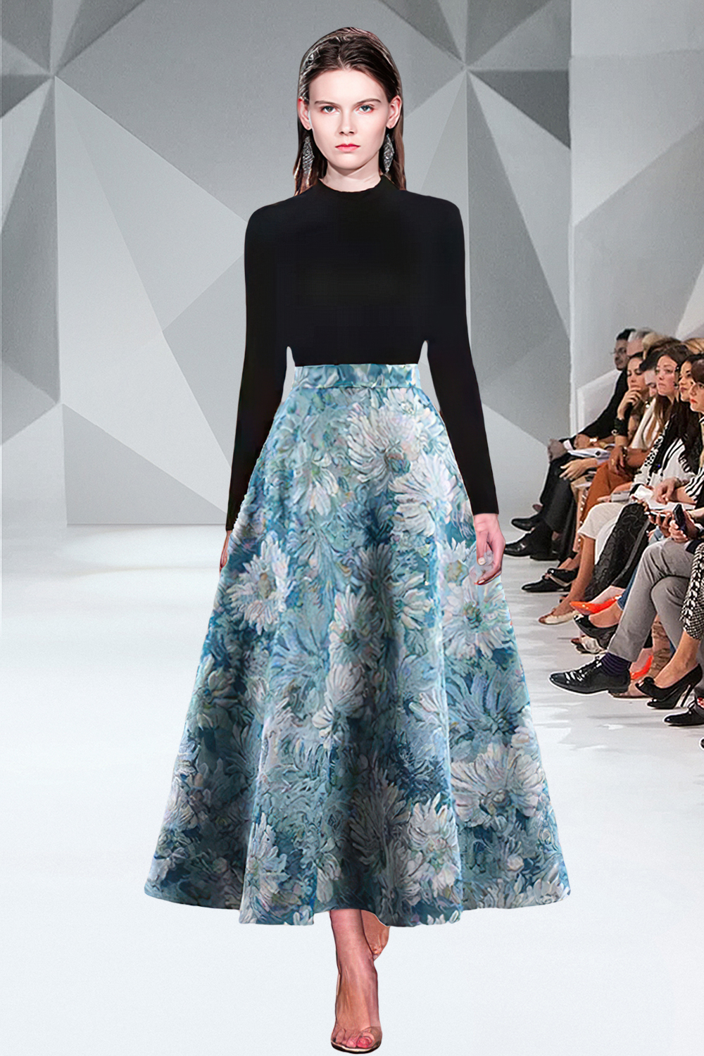 Realistic shooting of slim fitting knitted sweater+Hepburn jacquard retro high waisted large swing skirt set