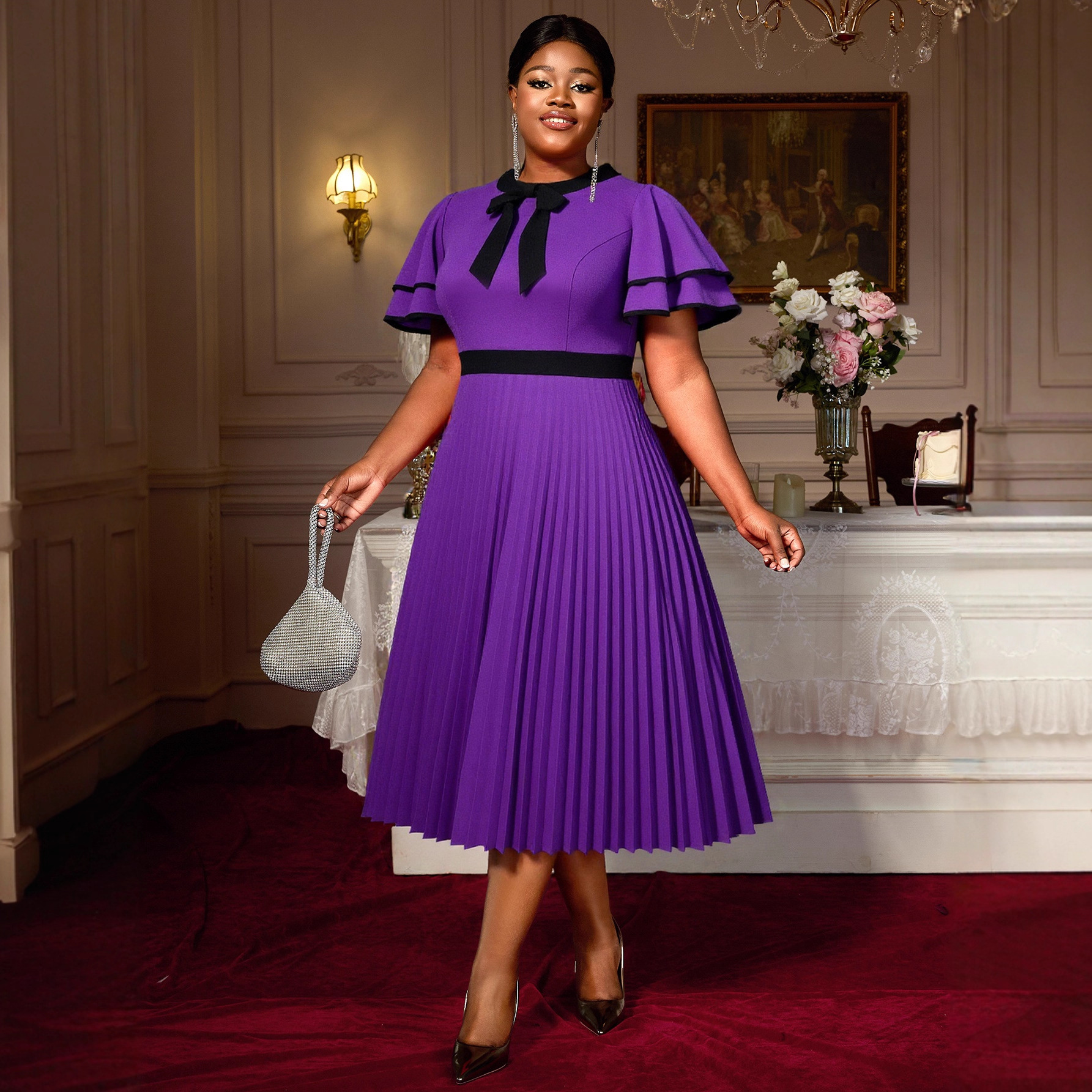 Cross border plus size women's purple bow dress with contrasting lotus leaf sleeves, elegant and fashionable pleated skirt, Dresses