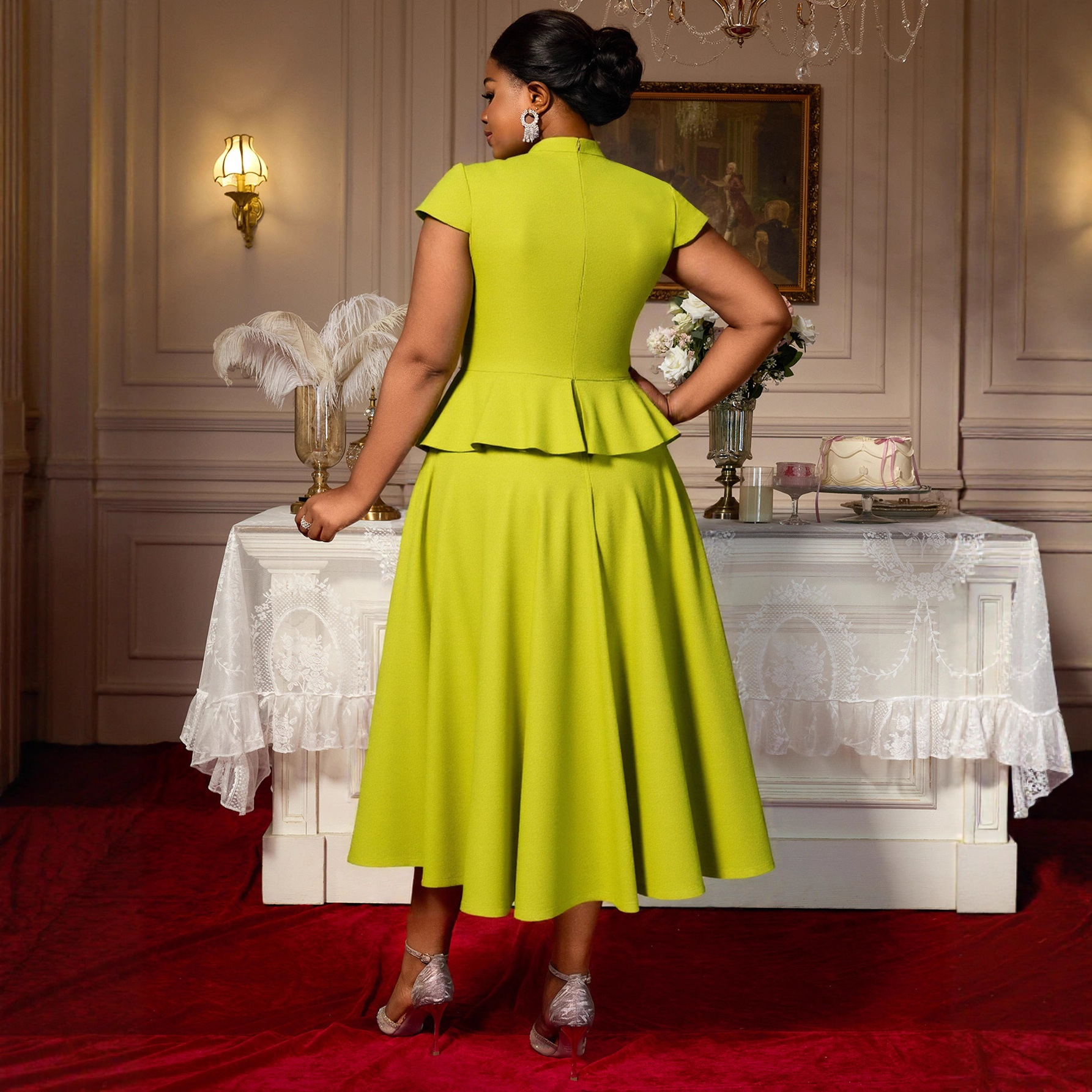 Cross border plus size solid color hollow out short sleeved dress with stand up collar, large A-line, elegant evening dress, Dress party Cross border plus size solid color hollow out short sleeved dress with stand up collar, large A-line, elegant evening dress, Dress party