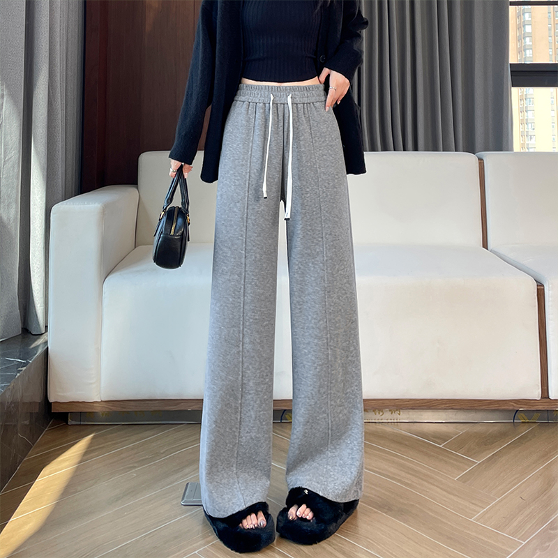 Drawstring elastic waisted casual pants for women in autumn and winter of 2025, versatile OL, simple temperament with thick velvet and wide leg pants Drawstring elastic waisted casual pants for women in autumn and winter of 2025, versatile OL, simple temperament with thick velvet and wide leg pants