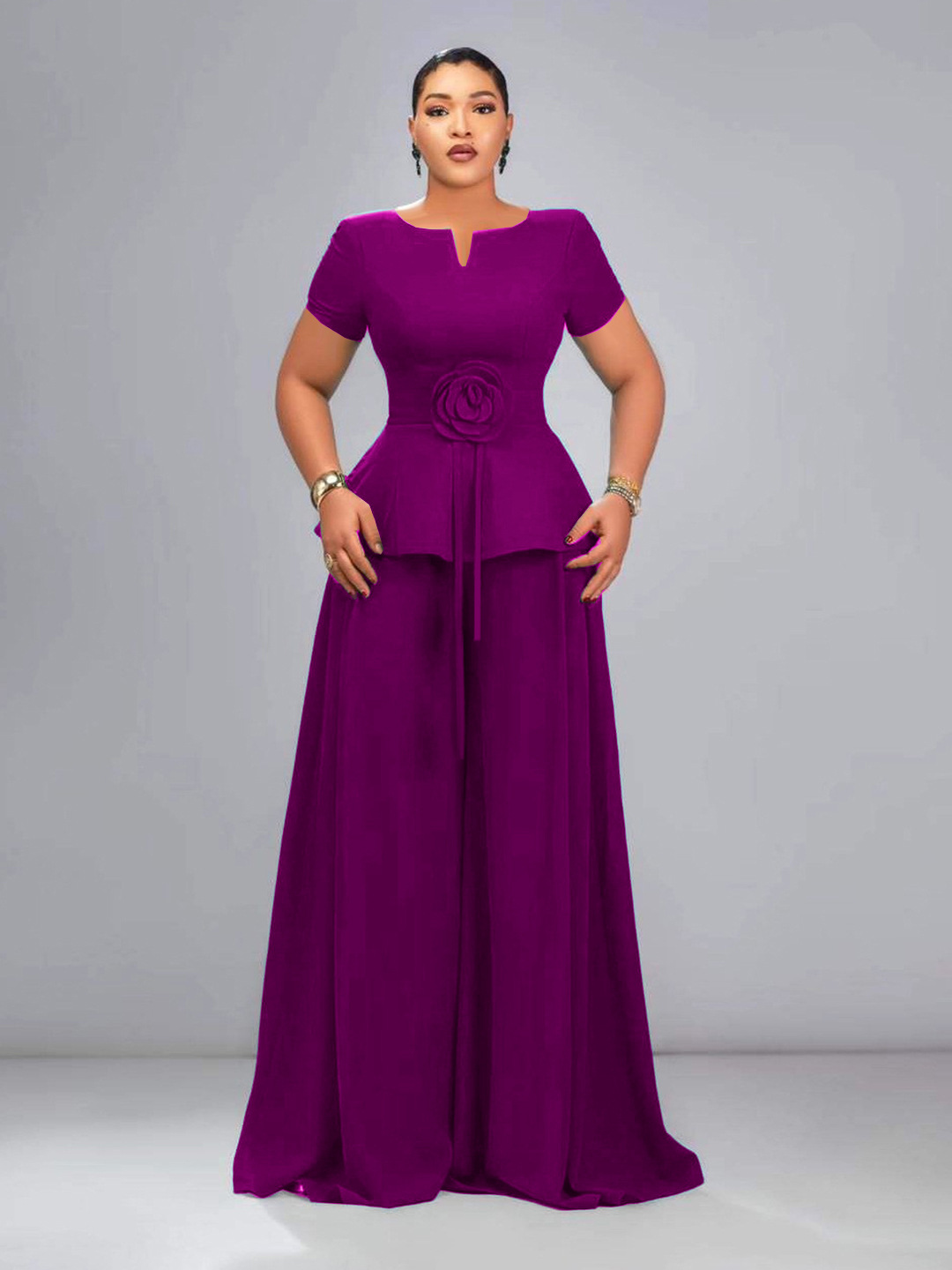 European and American plus size women's dark green short sleeved ruffled three-dimensional flower top wide leg pants set Dresses European and American plus size women's dark green short sleeved ruffled three-dimensional flower top wide leg pants set Dresses