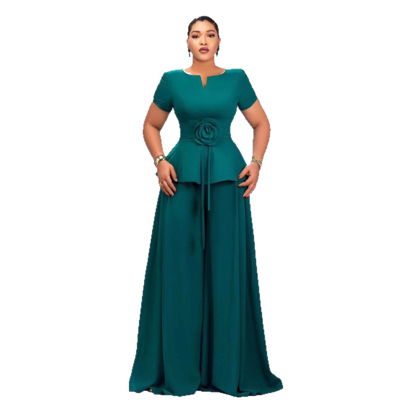 European and American plus size women's dark green short sleeved ruffled three-dimensional flower top wide leg pants set Dresses European and American plus size women's dark green short sleeved ruffled three-dimensional flower top wide leg pants set Dresses
