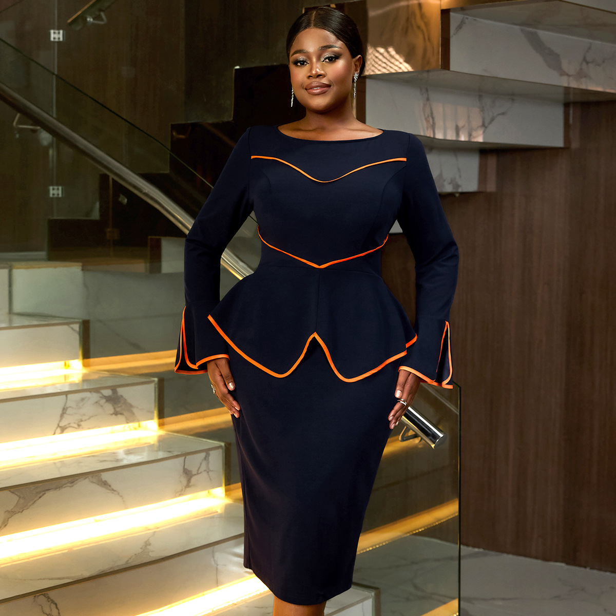 AM041125 Large African U-neck flared sleeves, hip hugging skirt, cocktail party contrasting dress, dress