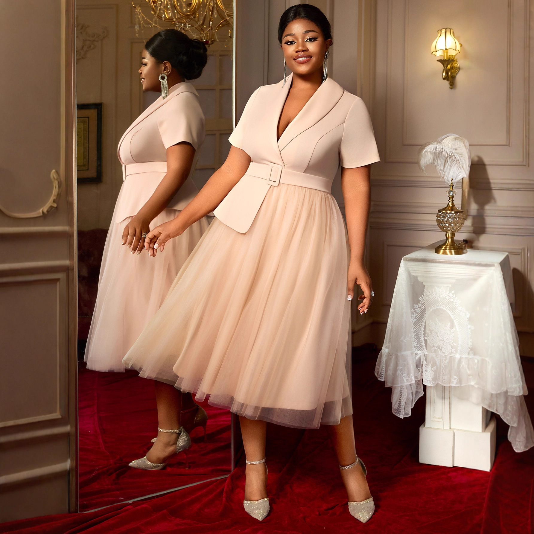 Large size new socialite temperament small fragrant style dress, slim fit and slimming suit dress, belt A mesh dress