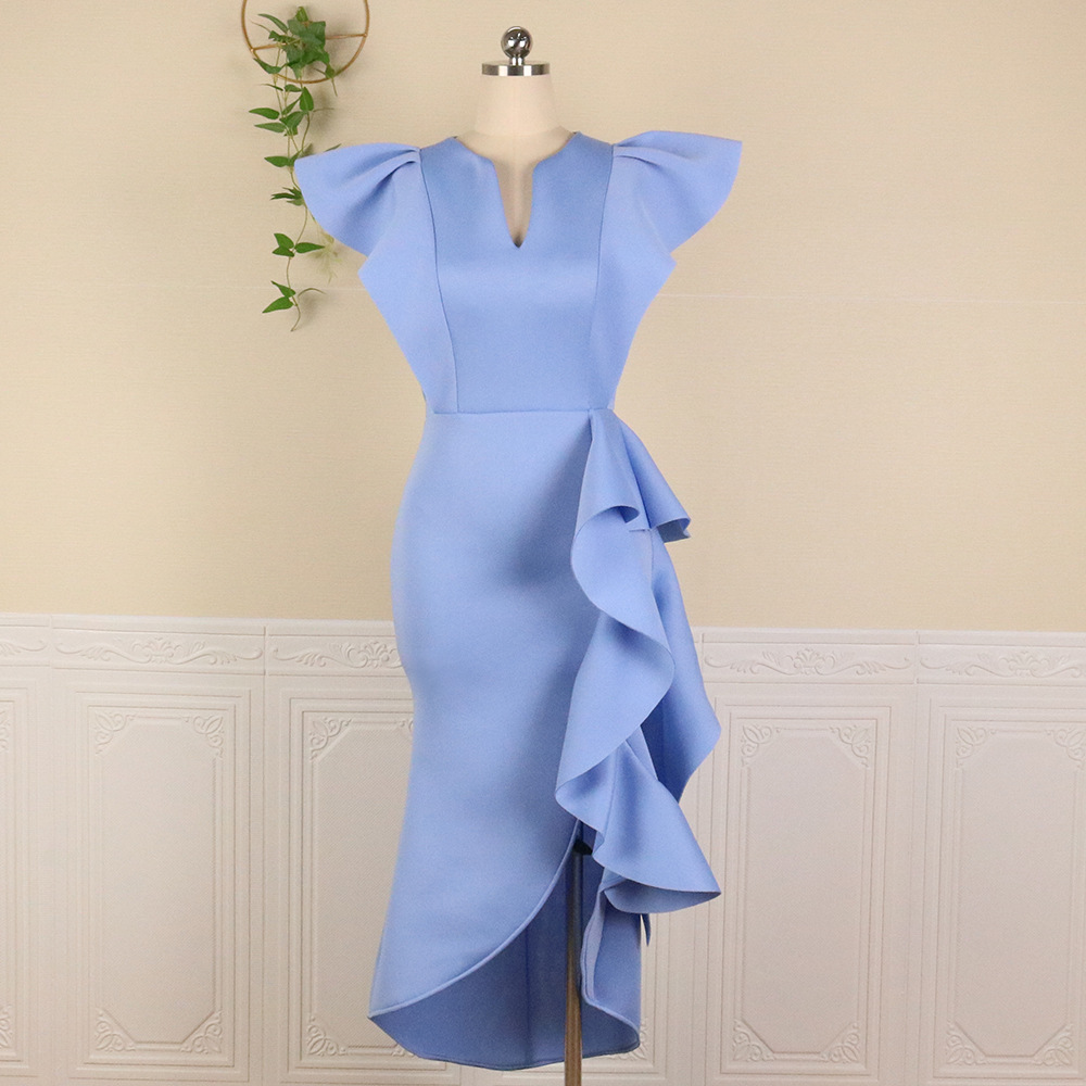 Large size ruffled short sleeved high waisted slimming irregular hem dress with elegant commuting style Large size ruffled short sleeved high waisted slimming irregular hem dress with elegant commuting style