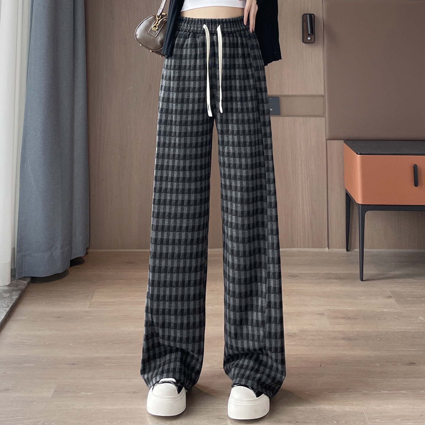 Retro plaid casual pants for women in autumn 2025, new fashionable and simple design style, temperament and casual versatile wide leg pants Retro plaid casual pants for women in autumn 2025, new fashionable and simple design style, temperament and casual versatile wide leg pants