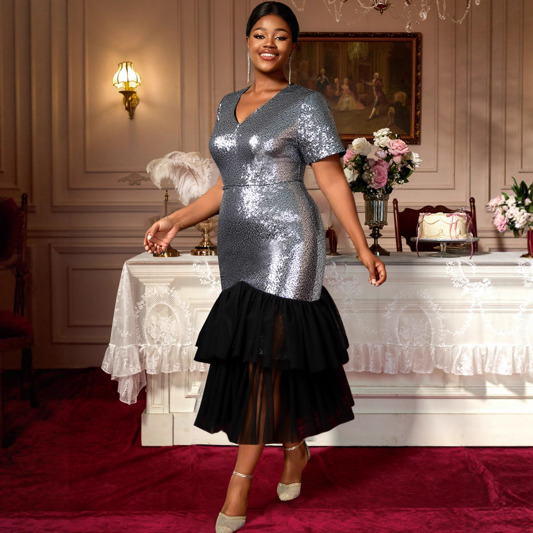 Large women's sequined patchwork dress V-neck short sleeved layered design with mesh fishtail skirt and evening gown