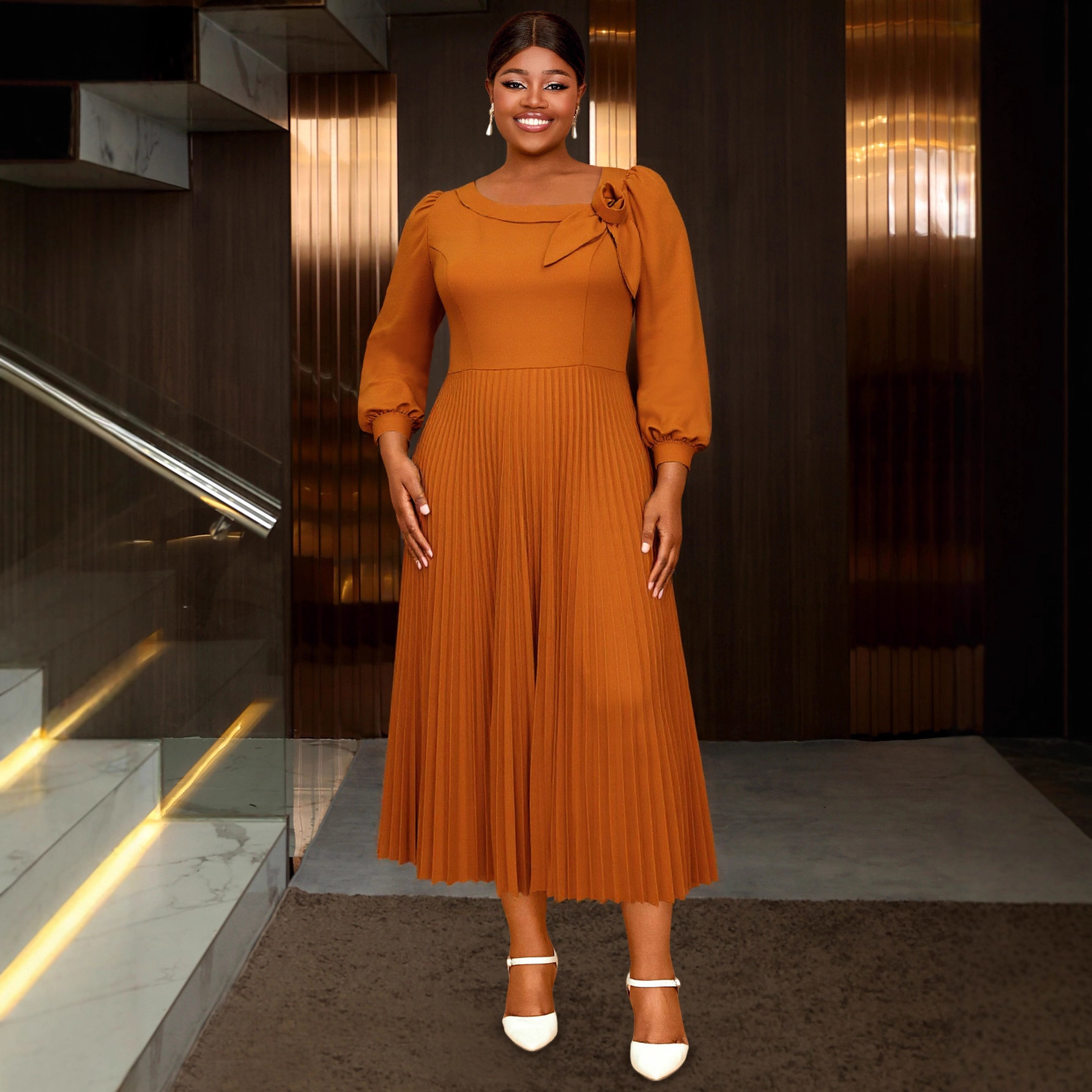 Ladies' elegant brown long sleeved dress in plus size, sloping shoulder 3D three-dimensional floral pleated mid length evening gown Dresses