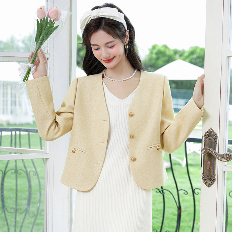 Socialite temperament, small stature, V-neck short jacket, women's early autumn new style, fashionable, western-style, casual, versatile, small fragrant style top