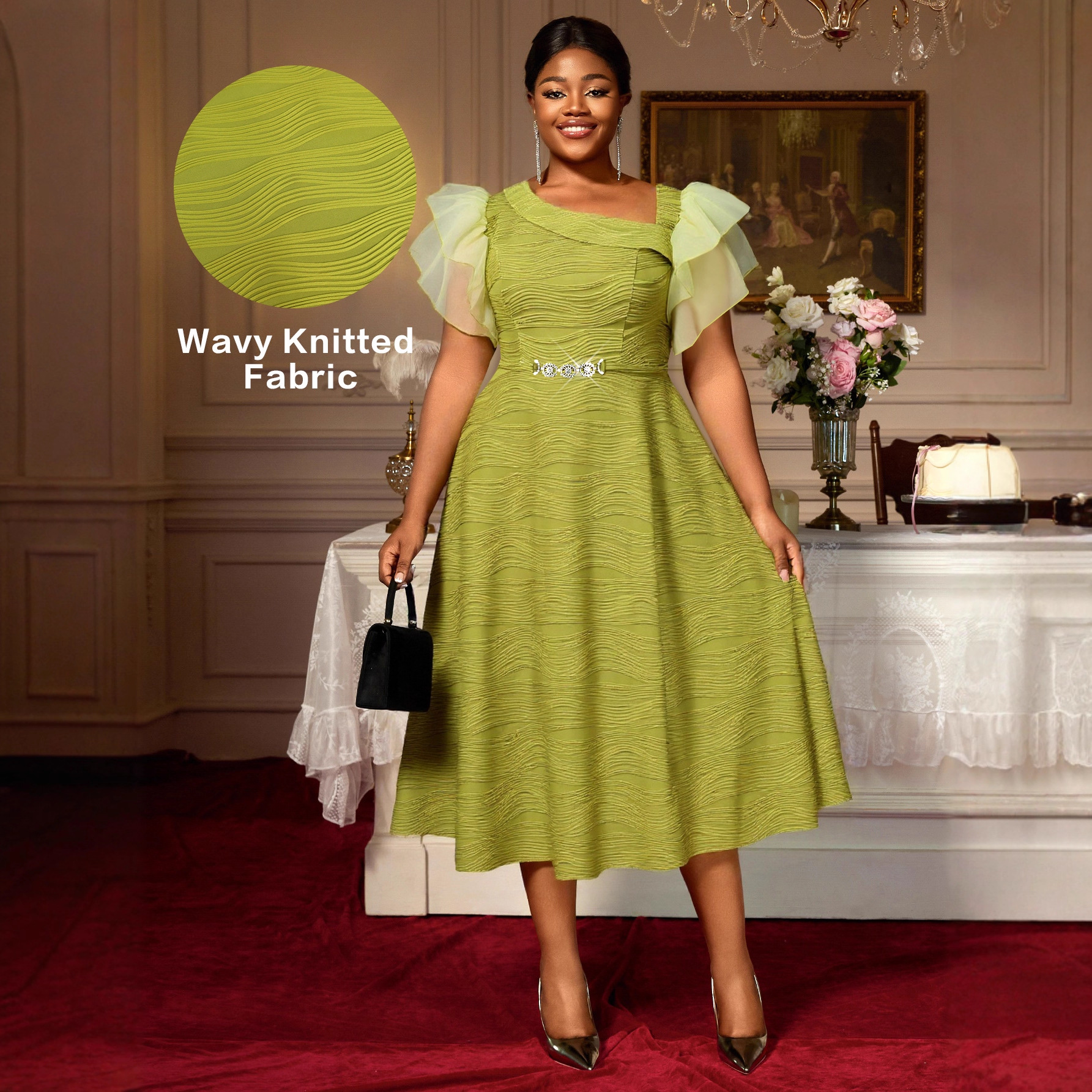 Cross border elegant slanted neck mesh fly fly sleeves long skirt European and American style waist cinched A-line party dress dresses