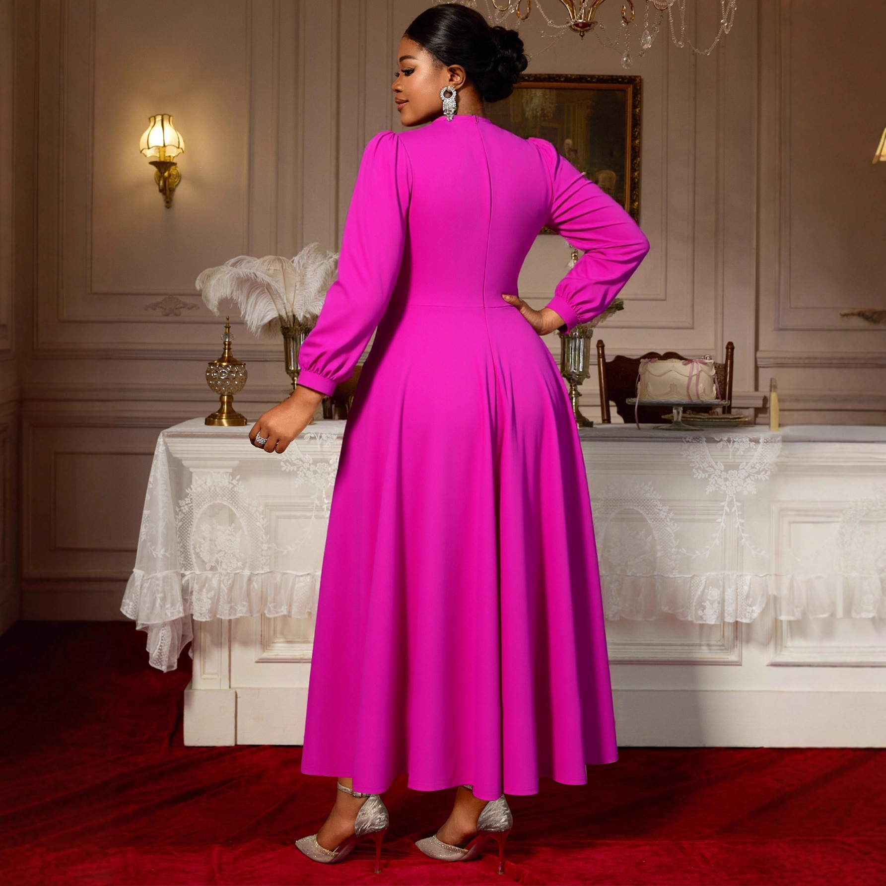 Large size women's rose red hanging bead tassel long sleeved elegant temperament dress V-neck fashionable party A dress Large size women's rose red hanging bead tassel long sleeved elegant temperament dress V-neck fashionable party A dress