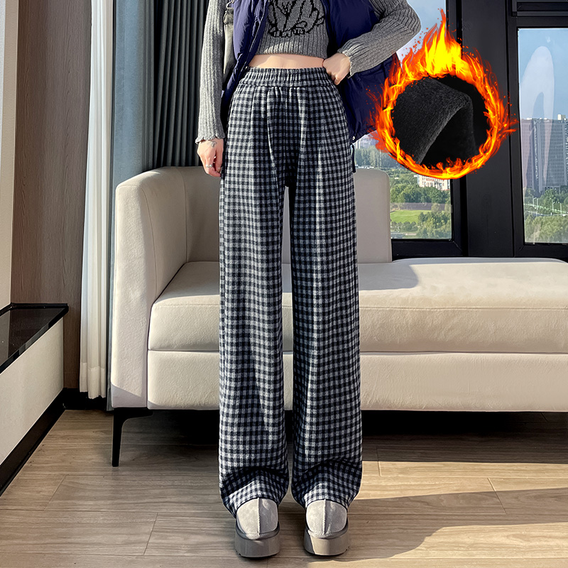 Thick and warm plaid casual pants with added fleece, women's autumn and winter new design sense, niche temperament, versatile elastic waisted pants