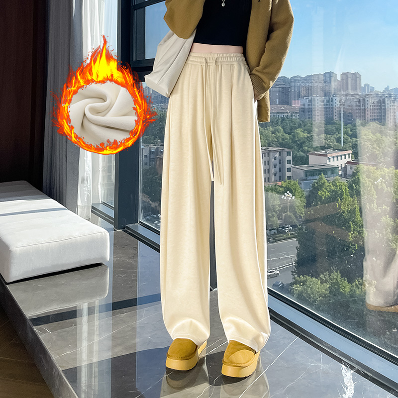 Women's autumn and winter new fashionable, simple and versatile casual wide leg pants with added velvet, thickened insulation and elastic waistband Women's autumn and winter new fashionable, simple and versatile casual wide leg pants with added velvet, thickened insulation and elastic waistband