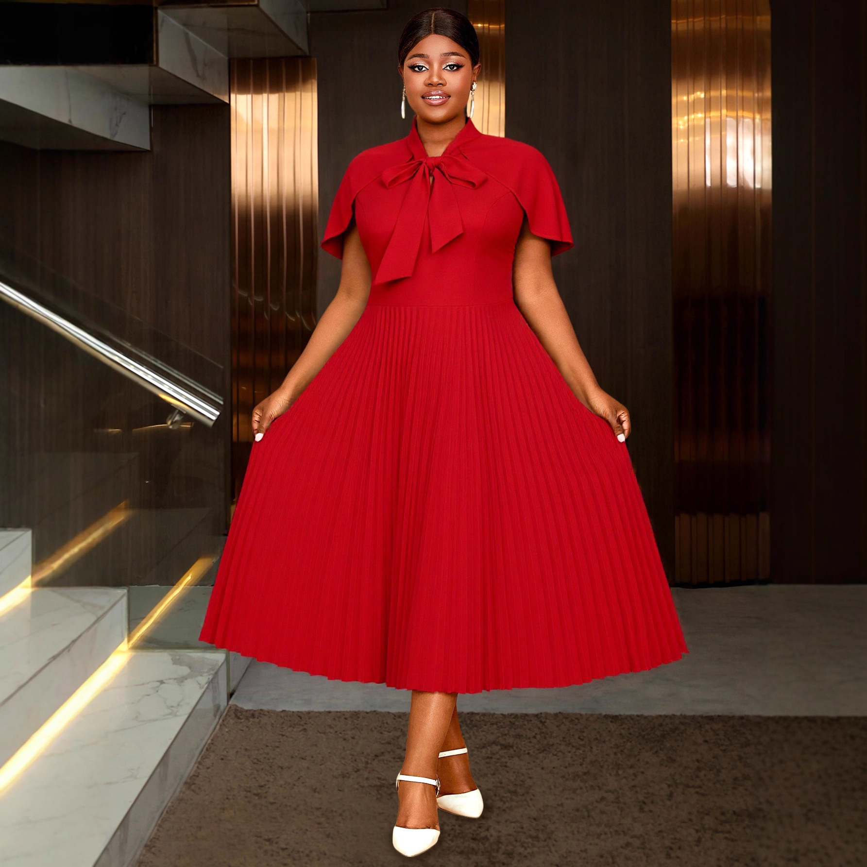 European and American plus size red stand up collar bow cape short sleeved pleated dress with elegant temperament for wedding and evening dresses
