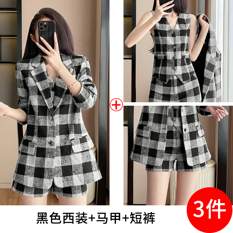 Cotton and linen checkered suit shorts vest set for women in autumn and winter of 2025, fashionable temperament, design sense, niche suit Cotton and linen checkered suit shorts vest set for women in autumn and winter of 2025, fashionable temperament, design sense, niche suit