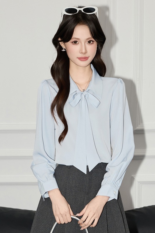 Lace up shirt, women's 2025 autumn new design, niche temperament, casual versatile, solid color long sleeved shirt Lace up shirt, women's 2025 autumn new design, niche temperament, casual versatile, solid color long sleeved shirt