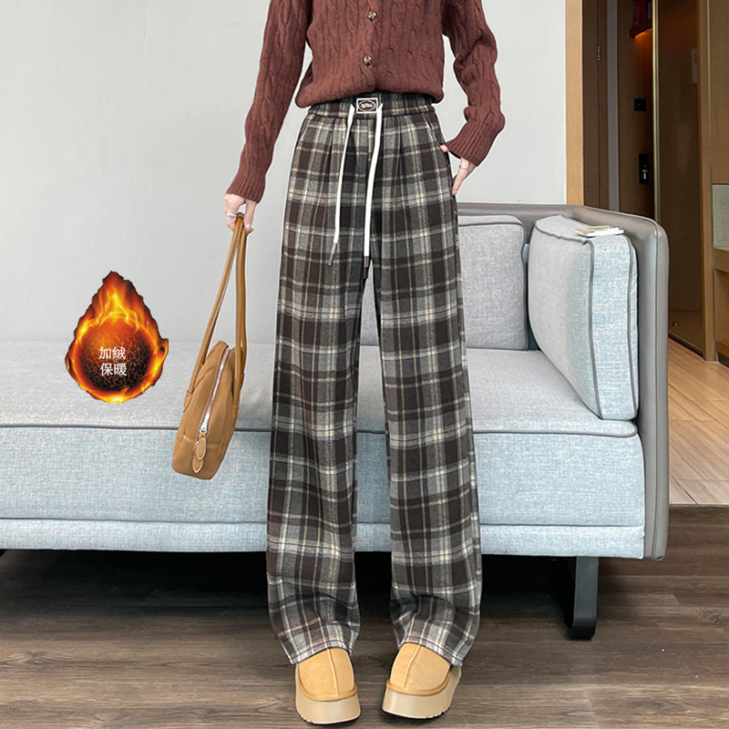 Casual versatile checkered wide leg pants for women in autumn and winter 2025, new style with simple temperament, casual pants with thick velvet and warmth