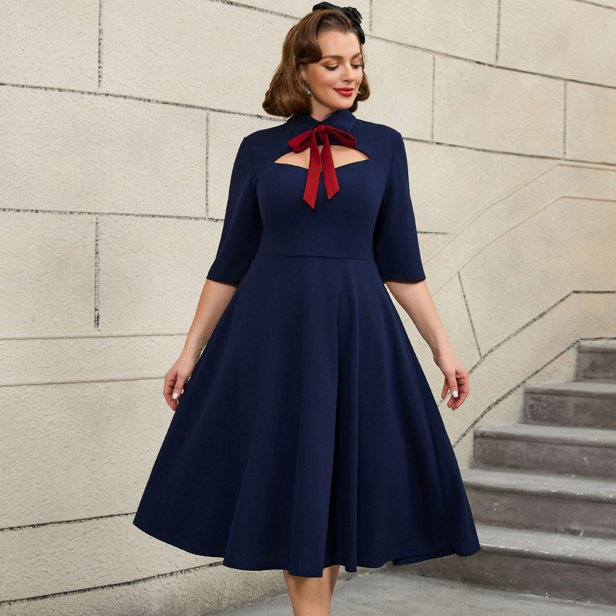 180 pound oversized dress with hollowed out bow tie, high waist and large swing, slimming dress, party dresses