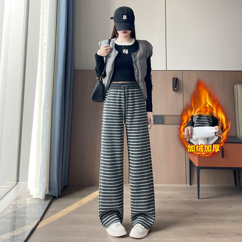 Fashionable and minimalist striped casual pants for women in autumn and winter 2025, with a niche design and a unique temperament. Thick and warm wide leg pants with added fleece