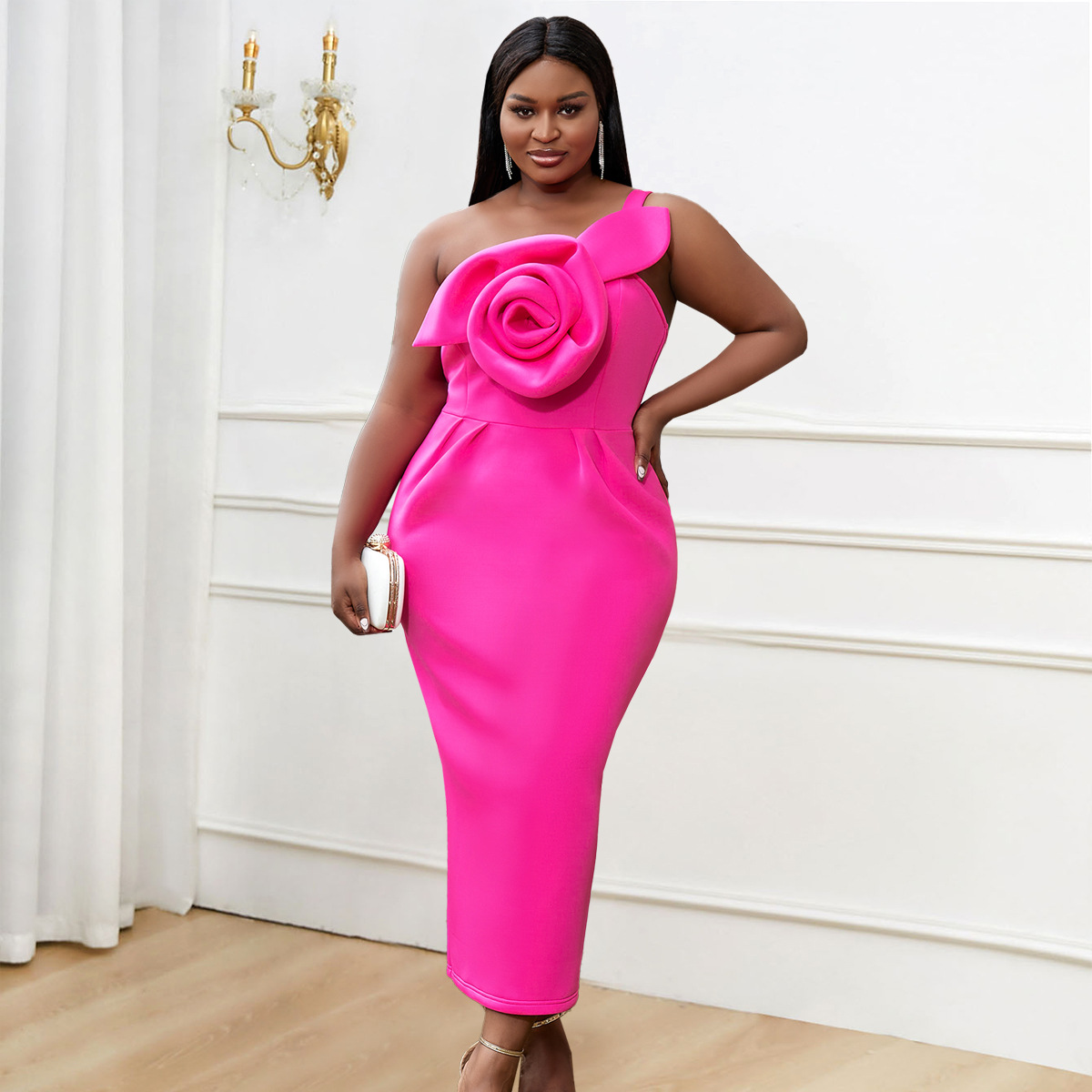 AM221122 One Shoulder Slant Collar Dress Party Dress Three Dimensional Flower Package Hip Step Dress Party Dresses