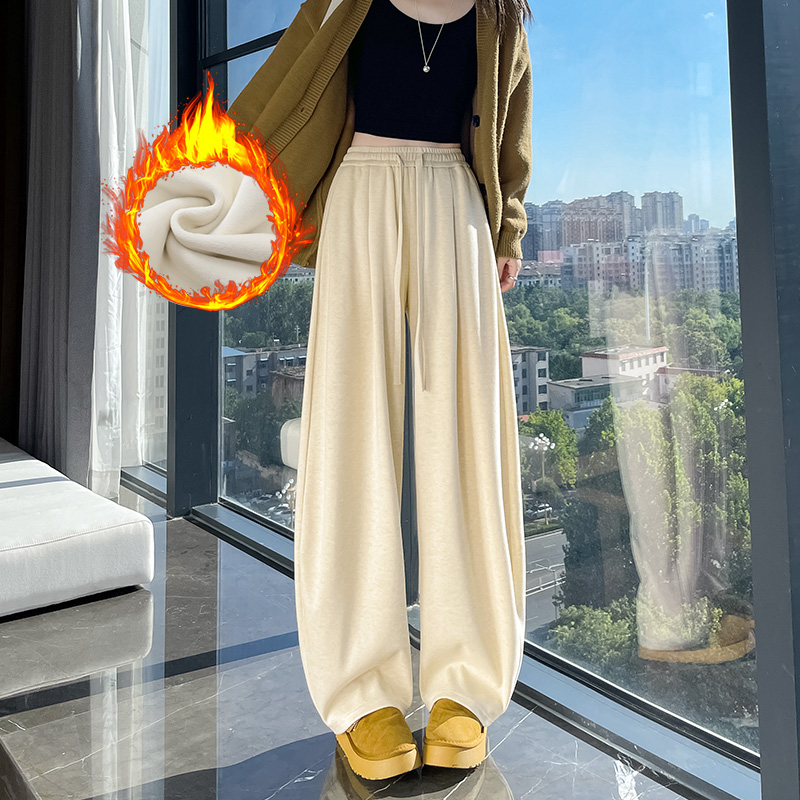Women's autumn and winter new fashionable, simple and versatile casual wide leg pants with added velvet, thickened insulation and elastic waistband