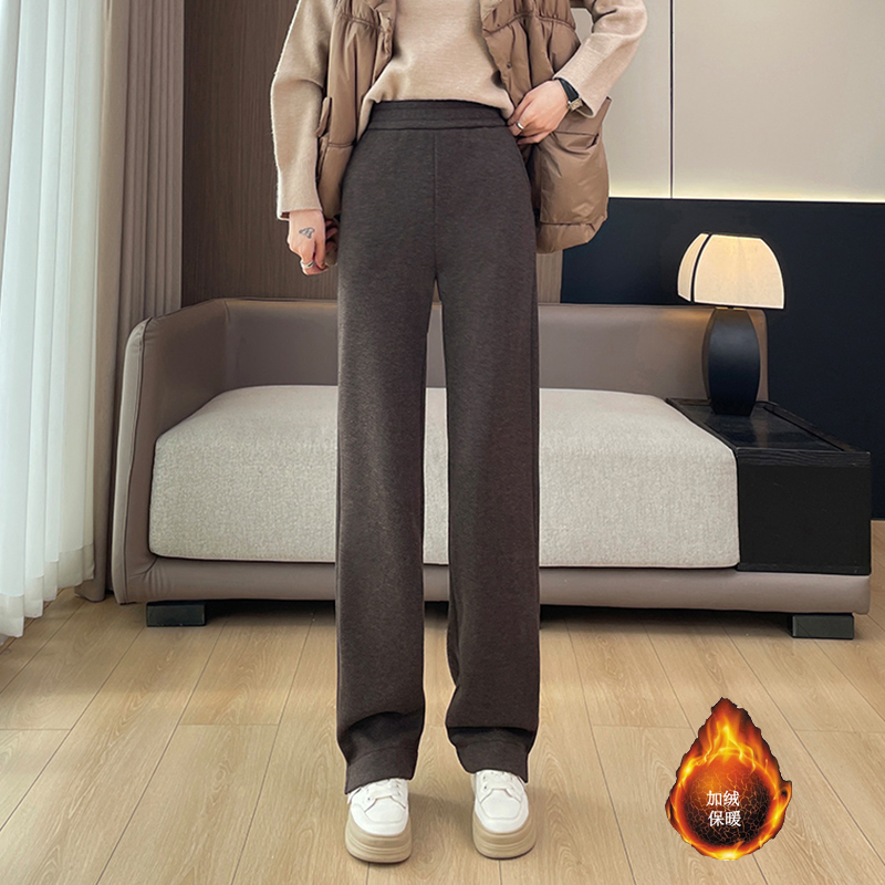 2025 women's autumn and winter with plush and thick elastic pants, simple and capable temperament, casual and versatile, warm and casual pants