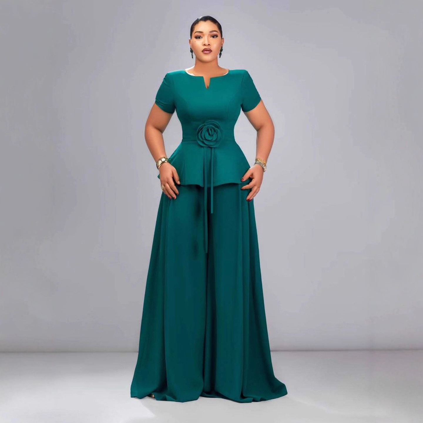 European and American plus size women's dark green short sleeved ruffled three-dimensional flower top wide leg pants set Dresses European and American plus size women's dark green short sleeved ruffled three-dimensional flower top wide leg pants set Dresses