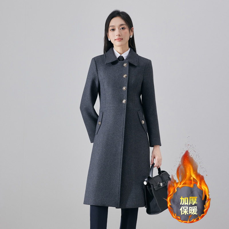 Autumn and winter thick single breasted gray woolen coat for women 2024 new style temperament goddess style professional long sleeved coat