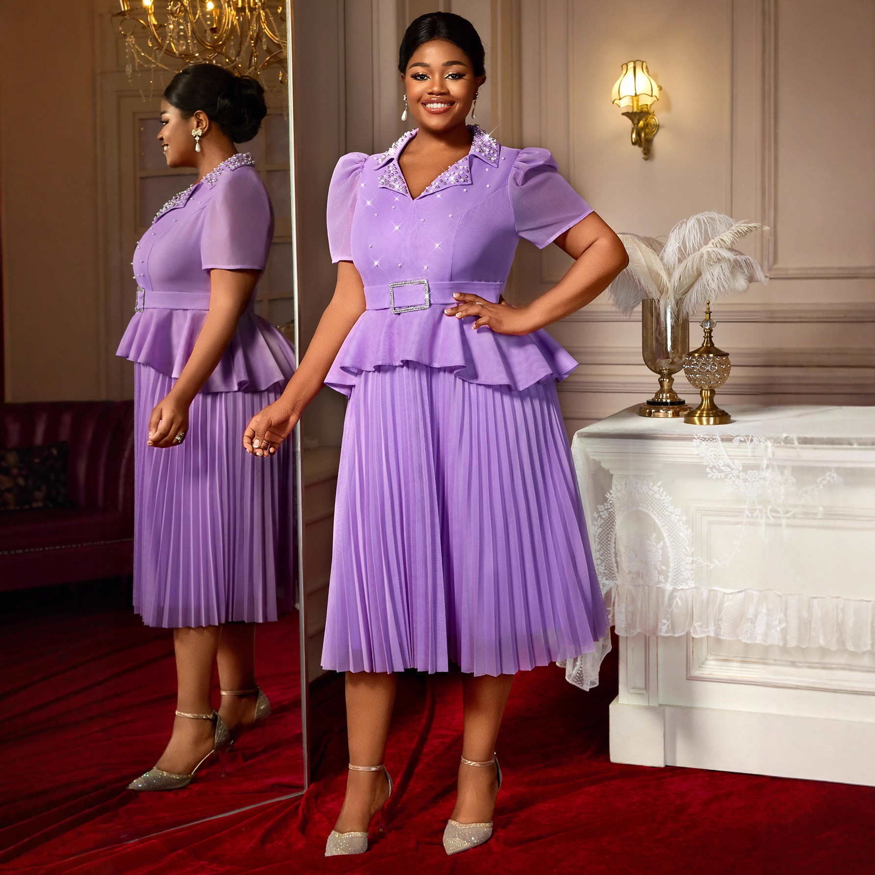 AM050405 oversized lapel nail bead ruffle hem dress A swing commuting waist cinching slimming pleated skirt light purple