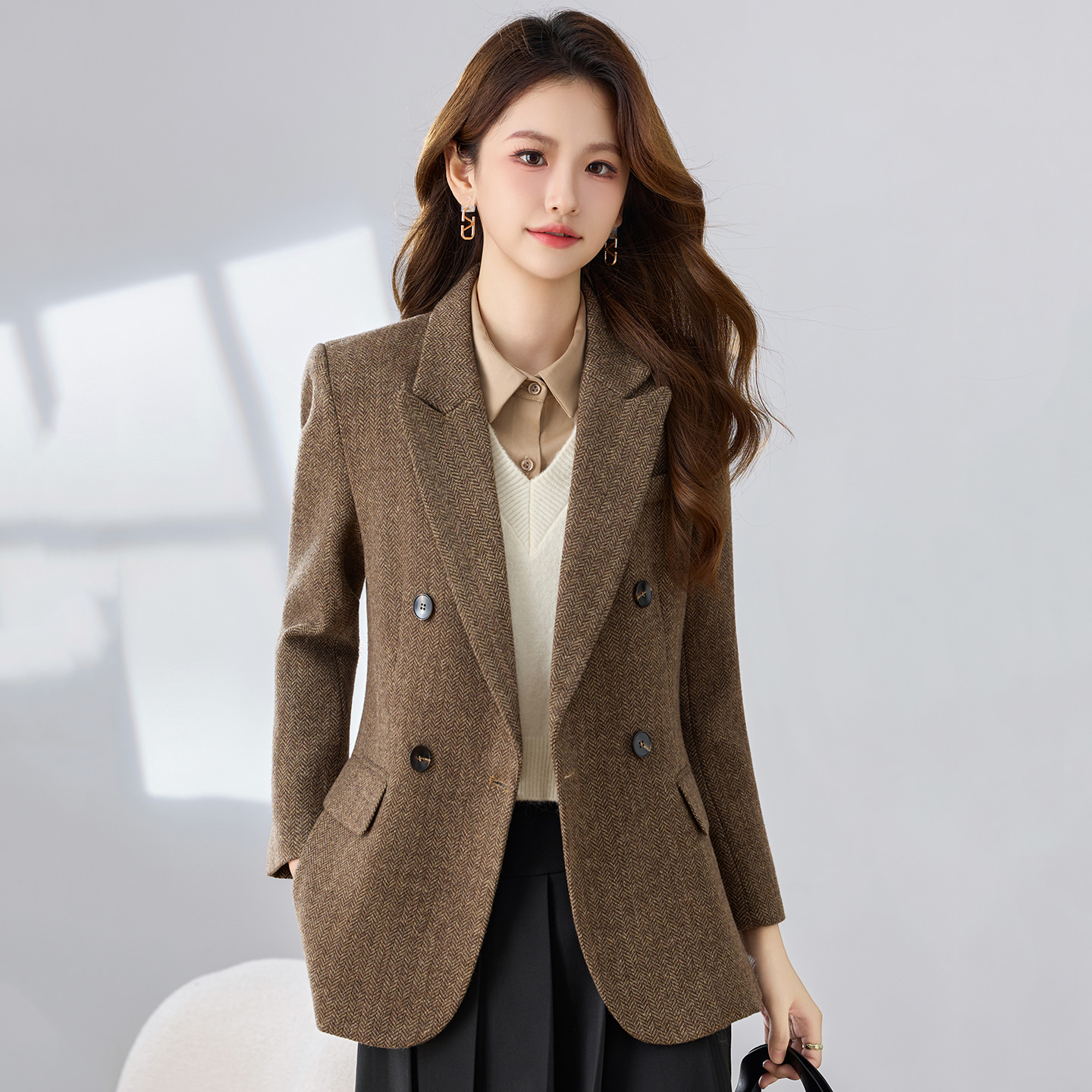 Wool suit jacket, women's autumn and winter clothing, high-end temperament, goddess style, commuting formal attire, professional double breasted small suit Wool suit jacket, women's autumn and winter clothing, high-end temperament, goddess style, commuting formal attire, professional double breasted small suit