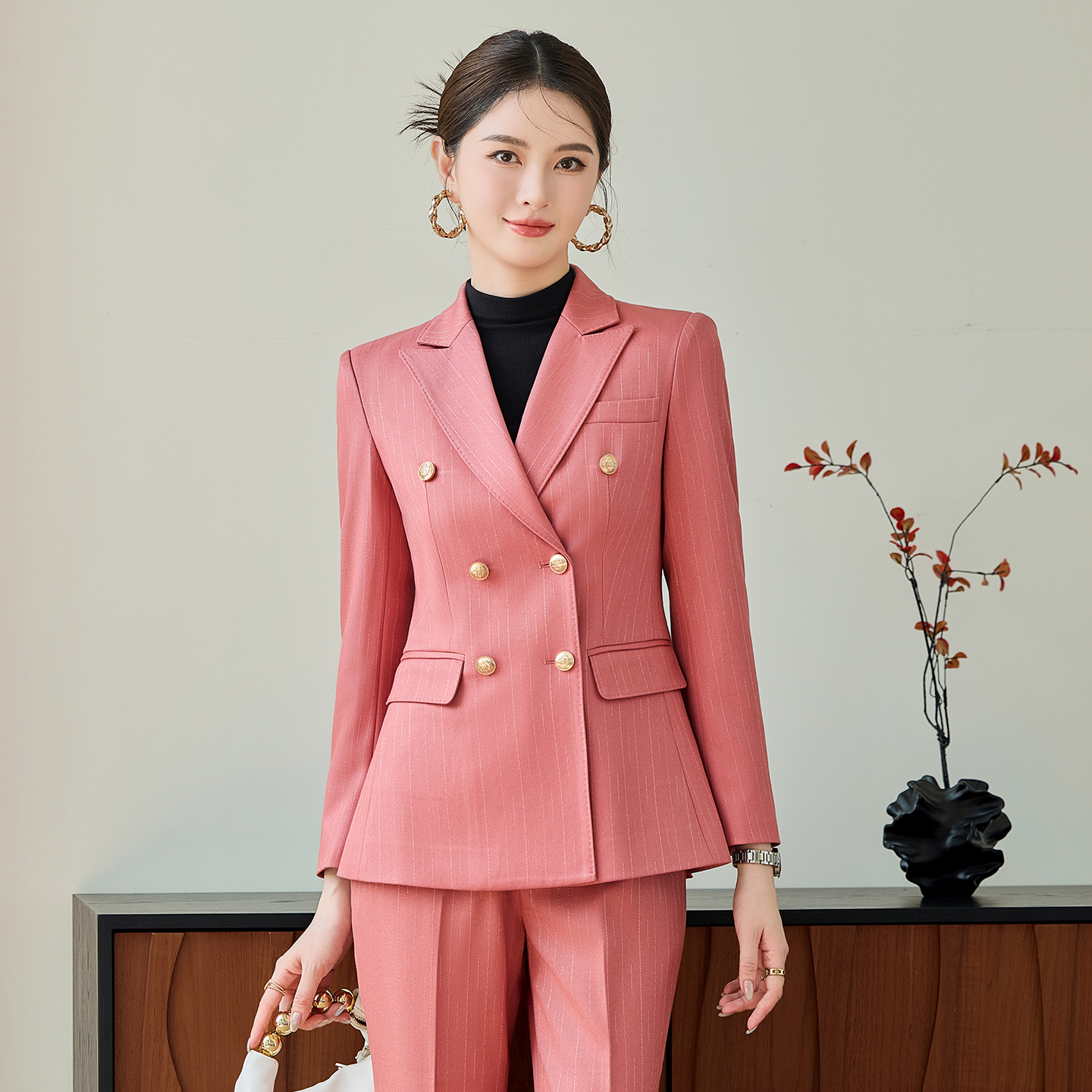 High end striped double breasted suit jacket for women, autumn new style, simple and capable temperament, commuting formal suit set High end striped double breasted suit jacket for women, autumn new style, simple and capable temperament, commuting formal suit set