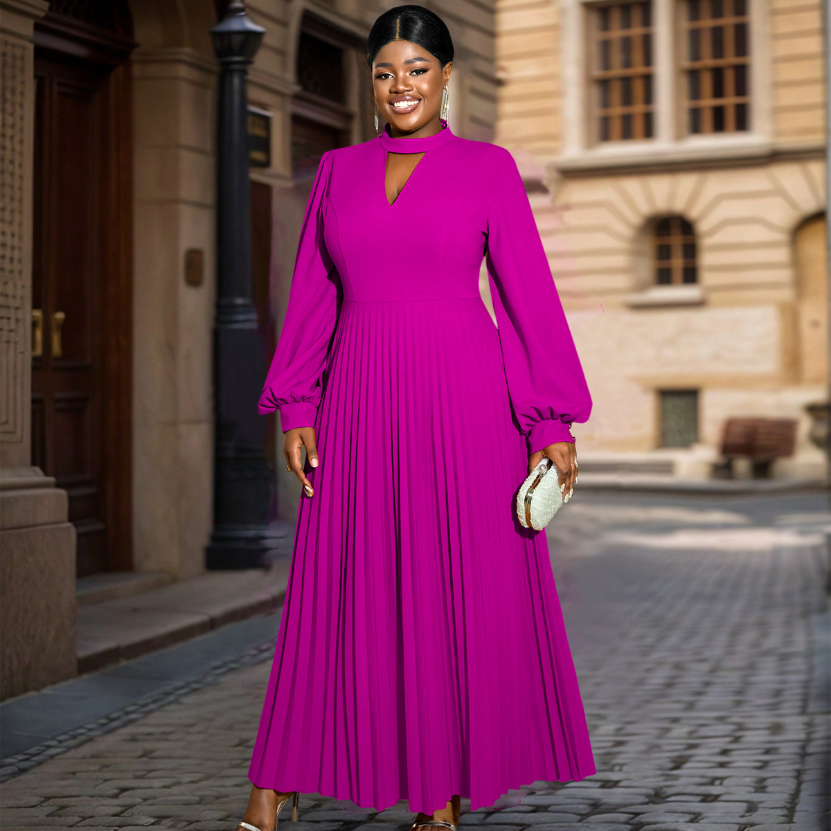 European and American plus light mature style hollow out small stand up collar dress, comfortable and loose lantern sleeves pleated skirt, dress